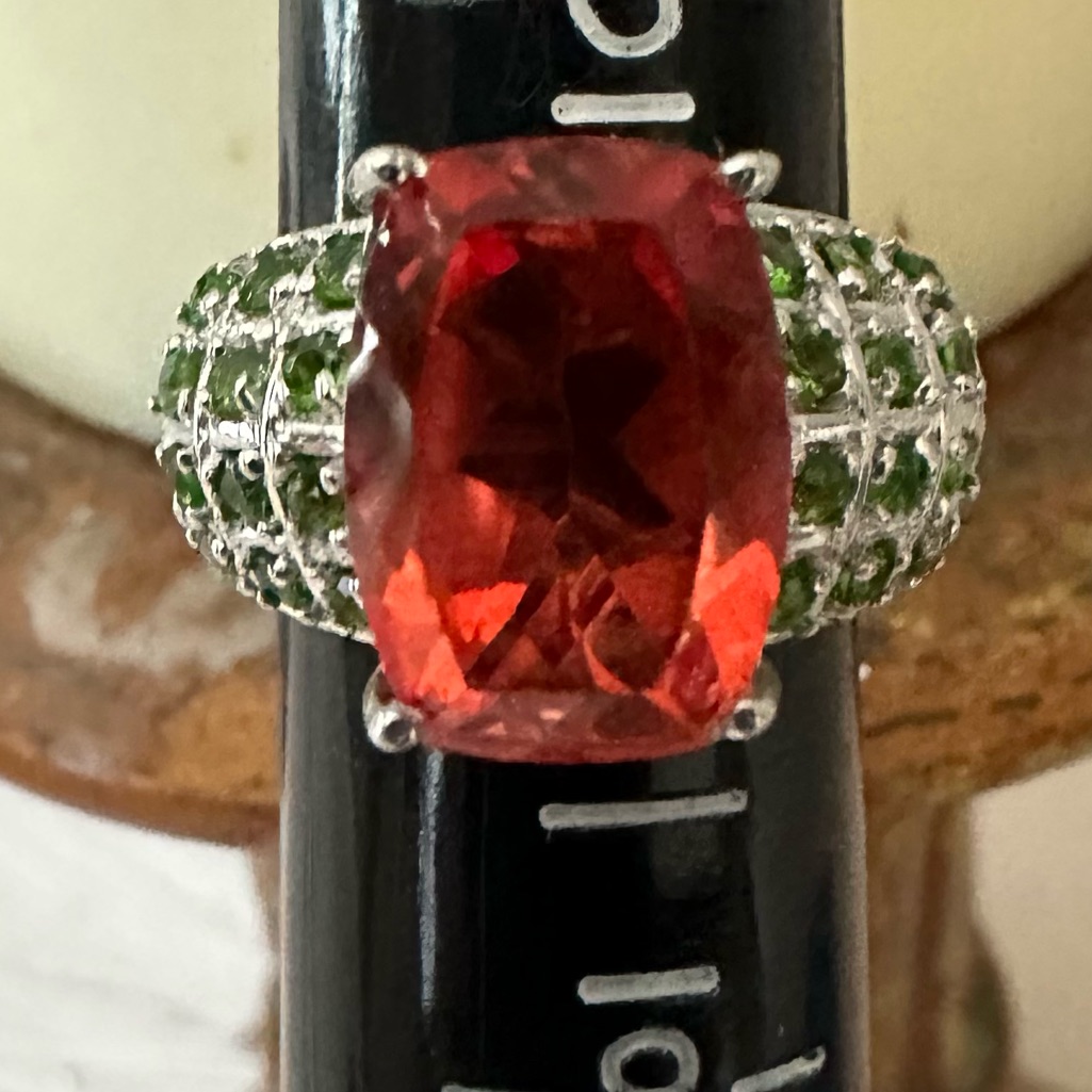 Ring W/Authentic Orange Sapphire & Russian Chrome Diopside 925 Sterling Size 7